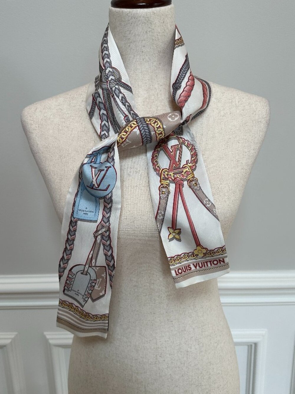 Louis Vuitton Silk Monogram Print Scarf Bandeau Beige Multicolor